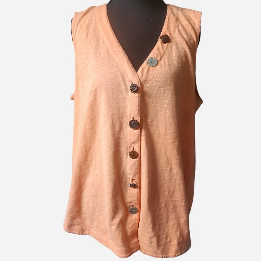 Soft Surroundings Button Down Sleeveless Tunic Top Womens Large Peach Boho